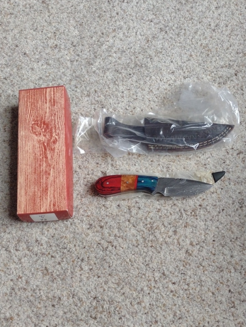 Multicolor Damascus Pocket Knife with Leather Sheath